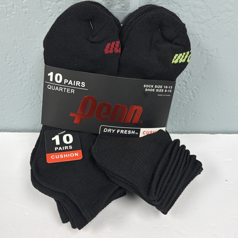 Penn Mens Quarter Socks 10 Pair Black Size 10-13 Shoe 6-12 Cushion Dry Fresh NIP